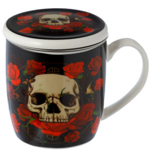 Taza con Tapa para Infusiones de Porcelana - Ilustración de Calavera y Rosas