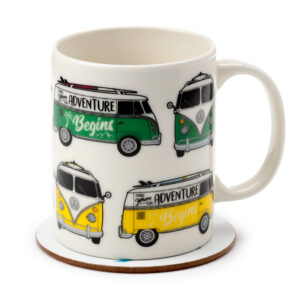 Taza de Porcelana y Posavasos con ilustraciones de la Caravana VW Volkswagen T1 Camper