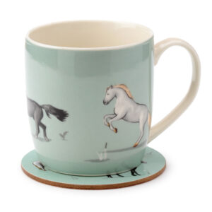 Taza de Porcelana y Posavasos  con ilustraciones de Caballos - Granja Escuela Willow